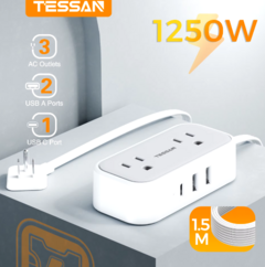 TESSAN-cable de extensión USB multicontacto, enchufe plano con 2 salidas de CA y 3 puertos USB, 5 pies para dormitorio .