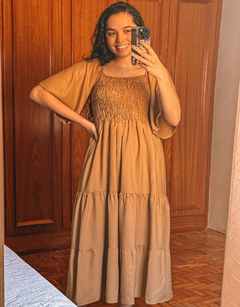 Vestido Midi de Lastex e Manga Flare