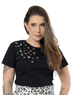 T-shirt Algodão estampada preta - Onça Prata