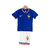 Uniforme infantil da seleção francesa, composto por camiseta azul e shorts brancos, com detalhes em vermelho e o logo da Nike.