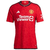 Camisa vermelha do Manchester United I 2023/2024 para torcedores masculinos, da Adidas, com logo e estampa detalhada.