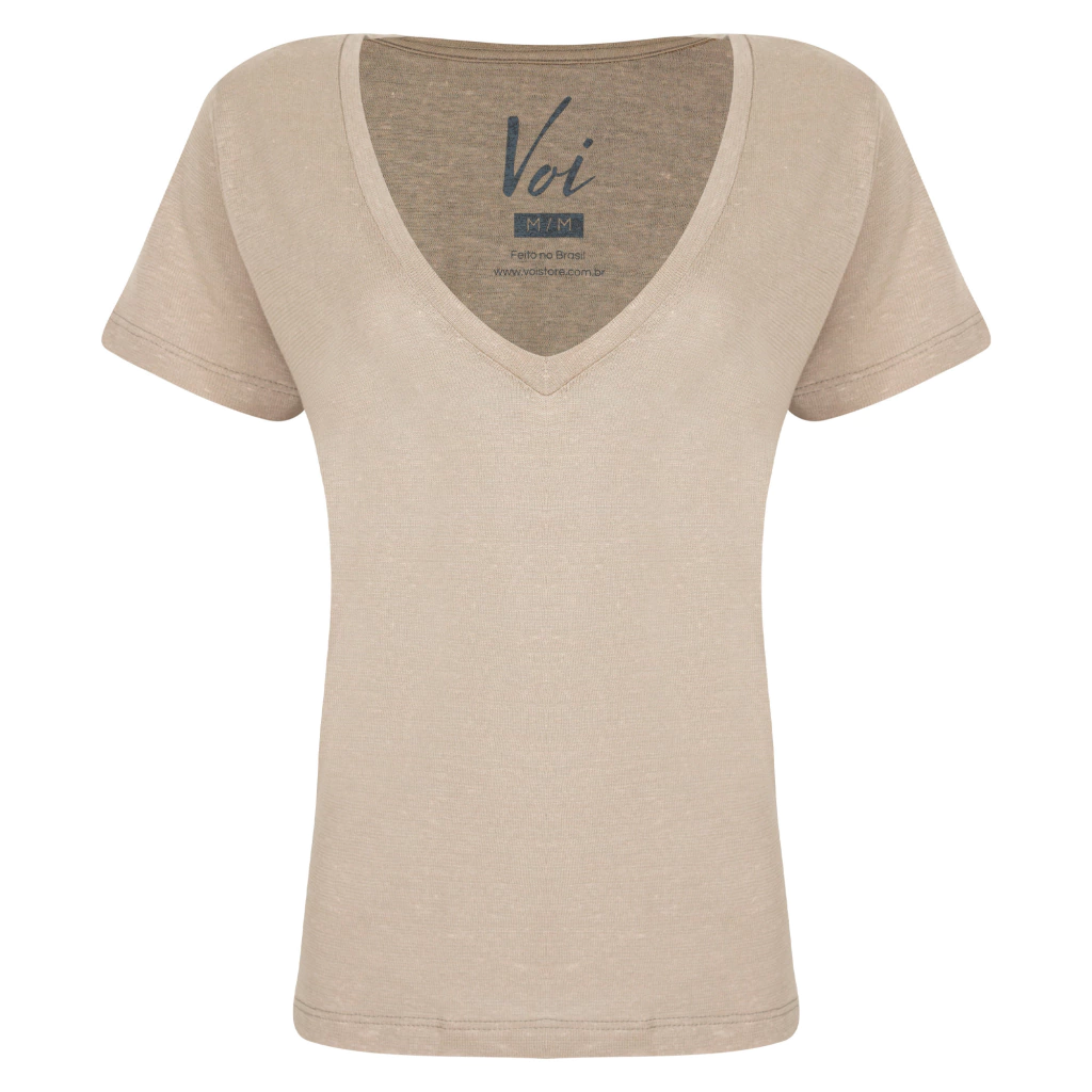 Camiseta Linho Feminina Gola V Areia