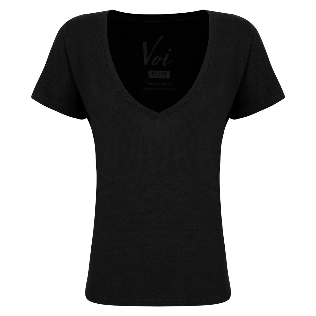 Camiseta Linho Feminina Gola V Preto