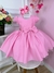 Vestido Infantil Rosa Liso Aplique de Laço C/ Máscara Luxo