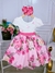 Vestido Infantil Marfim Busto Nervura Saia Rosa Florida - Mimo