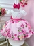 Vestido Infantil Marfim Busto Nervura Saia Rosa Florida