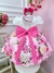 Vestido Infantil Marfim Busto Nervura Saia Rosa Florida