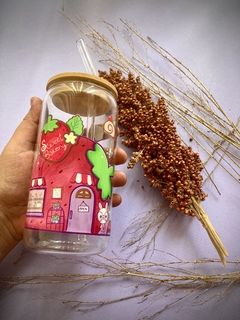 Sweet Bakery | Panadería de fresa | VASO DE CRISTAL CON POPOTE Y TAPA DE BAMBÚ