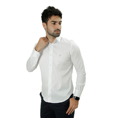 Camisa Manga Longa Slim Fit Básica Lisa Branco