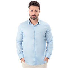 Camisa Manga Longa Slim Fit Básica Lisa Azul Claro