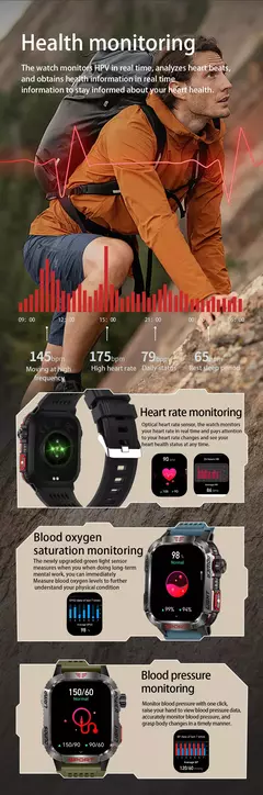 Relógio inteligente militar ao ar livre para homens, Smartwatch impermeável, G