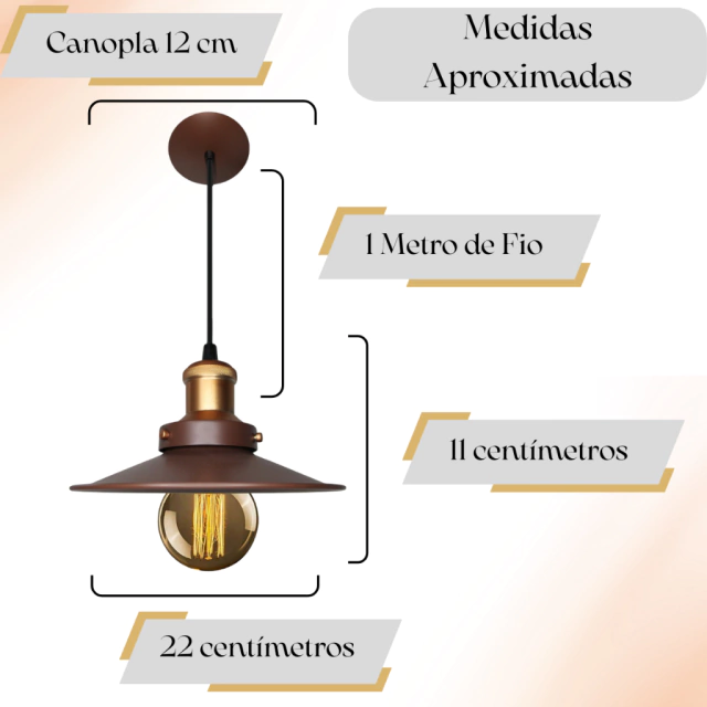 Luminária pendente vintage com canopla de 12 cm, fio de 1 metro e medidas de 22 cm de diâmetro e 11 cm de altura.