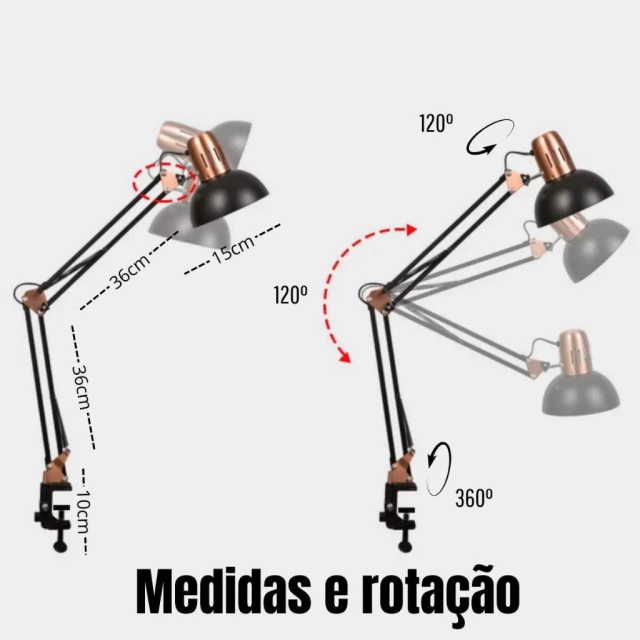 Imagem de uma lâmpada de braço articulado com medidas e ângulos de rotação indicados.