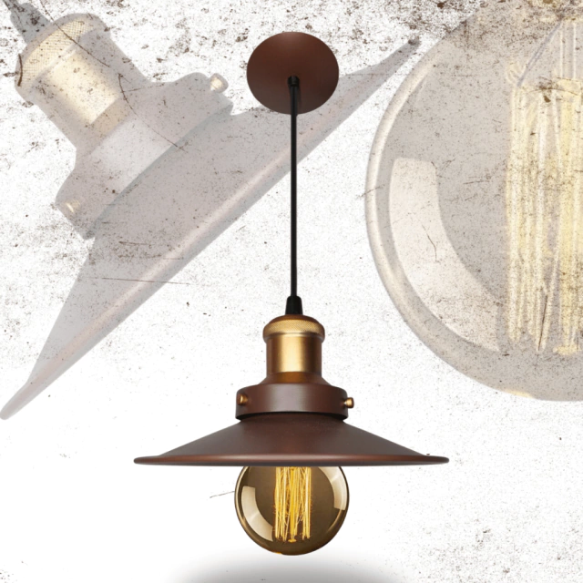 Luminária pendente vintage com design industrial, apresentando uma cúpula marrom e uma lâmpada exposta com filamentos visíveis.