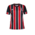 Camisa feminina do São Paulo FC, modelo 24/25, com listras tricolores em preto, vermelho e branco.