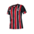 Camisa feminina do São Paulo FC, modelo 24/25, com listras tricolores em preto, vermelho e branco.