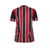 Camisa feminina do São Paulo FC, modelo 24/25, com listras tricolores em preto, vermelho e branco.