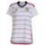 Camisa feminina do Flamengo II 23/24, branca com listras vermelhas e detalhes em dourado.