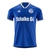 Camisa azul do Schalke 04, modelo torcedor Adidas 23/24, com detalhes em branco e logo do time.