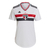 Camisa feminina do São Paulo FC, modelo 22/23, nas cores branca e vermelha, com detalhes em preto e logo do time.