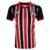 Camisa feminina do São Paulo II 23/24, vermelha e preta, com listras verticais e logo do time.