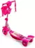 Patinete infantil rosa com detalhes de personagens e cesto frontal, ideal para crianças.