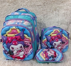 MOCHILA KUROMI CON RUEDAS 3 EN 1 C/CARTUCHERA Y LONCHERA