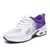 Tênis feminino de corrida respirável em branco e roxo, com design leve e confortável.