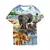 Blusa infantil unissex com estampa de dinossauros fofos em fundo colorido.