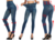 Legging jeans feminino moderno, mostrando ajuste confortável e flexível ao corpo em três ângulos diferentes.