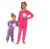 Conjunto infantil feminino com duas meninas usando pijamas coloridos, uma em roxo e outra em rosa.