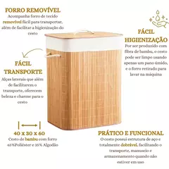 Cesto de Roupa Suja 70 LITROS Lavanderia Bambu c/ Tampa Retangular Forrado Quarto Banheiro Dobrável - comprar online