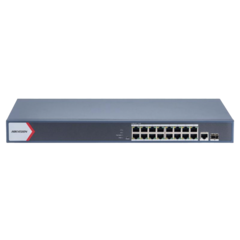 Switch Gigabit PoE+ / Administrable / 16 Puertos 1000 Mbps PoE+ / 1 Puerto 1000 Mbps de Uplink / 1 Puerto SFP / Configuración Remota desde Hik-PartnerPro / Modo Extendido hasta 300 Metros / 130 Watts