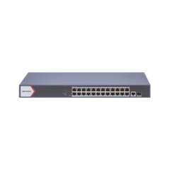 Switch Gigabit PoE+ / Administrable / 24 Puertos 1000 Mbps PoE+ / 1 Puerto 100 uplink / 1 Puerto 1000 Mbps Uplink / 1 Puertos SFP Uplink / Configuración Remota desde Hik-PartnerPro / Modo Extendido hasta 300 Metros / 370 W