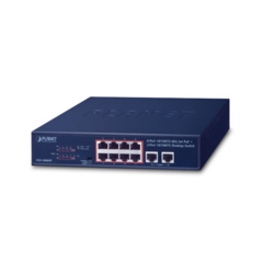 Switch No Administrable de Escritorio y Rack, 8 Puertos Fast Ethernet con PoE 802.3af/at, 2 Puertos Uplink, Hasta 250 m en Modo Extendido