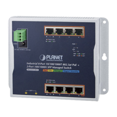 Switch Industrial PoE Administrable de Pared Capa 2, 8 Puertos Gigabit PoE 802.3at y 2 Puertos 100/1000X SFP