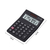 Calculadora eletrônica digital com teclas pretas e visor LCD, dimensões de 14cm por 10cm.