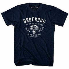 Camiseta azul UNDERDOG da marca LK-LIKE com estampa de um leão e a frase motivacional "NOT THE SIZE OF THE DOG THE SIZE OF THE FIGHT IN THE DOG".