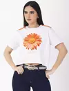 Blusa Semi Cropped Girassol Laranja Meia Malha Branca 1761597