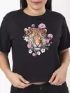 Blusa Semi Cropped Tigre Flores Meia Malha Preta 1762220