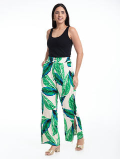 Calça Pantalona Estampado/Verde Malha Canelada 2890679