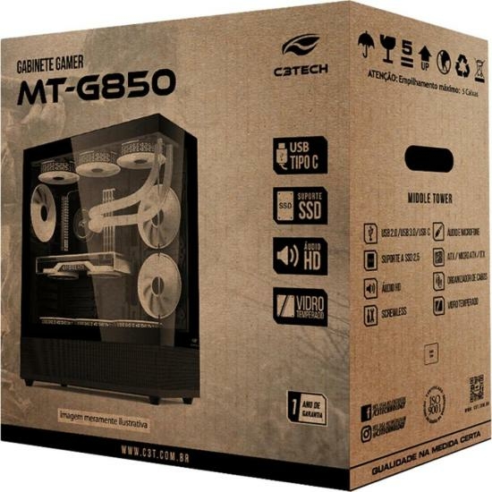 Gabinete Gamer C3Tech Aquarius MT-G850 Sem Fans Preto - Wormtec