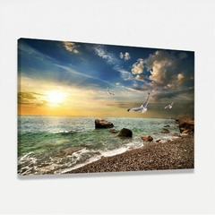 Quadro Praia Mar Pássaros ao Sol Radiante - comprar online