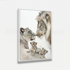 Quadro Decorativo Casal de Leões e Filhotes - Quadro Amado