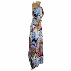 Vestido Estampado Longo Floral Geométrico Alça com Bojo