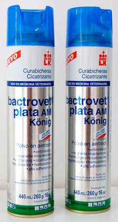 El Bactrovet Plata es un polvo cicatrizante en aerosol con efecto Cicatrizante, antimiásico, antimicrobiano, repelente, bactericida, antifúngico, epitelizador y hemostático de alta adherencia de uso tópico. -