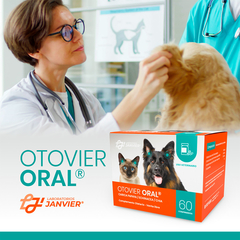 Otovier oral del Laboratorios Janvier es un suplemento dietario en comprimidos a base de Carica papaya, Echinacea y Chía que ayuda a mantener la salud del oído en perros y gatos