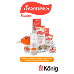 Serenex Felinos son feromonas del Laboratorio König que calman y tranquilizan a gatos en momentos de estrés. Es un tratamiento natural, libre de fármacos y sin efecto sedante.