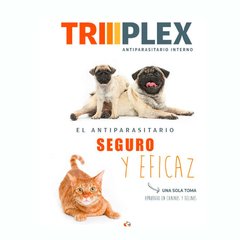 Triplex en comprimidos del Laboratorio Ruminal es un antiparasitario interno para caninos y felinos compuesto por tres principios activos: Mebendazol + Pamoato de Pirantel + Praziquantel. 