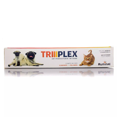 Triplex - UNA SOLA TOMA - en comprimidos del Laboratorio Ruminal es un antiparasitario interno para caninos y felinos compuesto por tres principios activos: Mebendazol + Pamoato de Pirantel + Praziquantel. 
